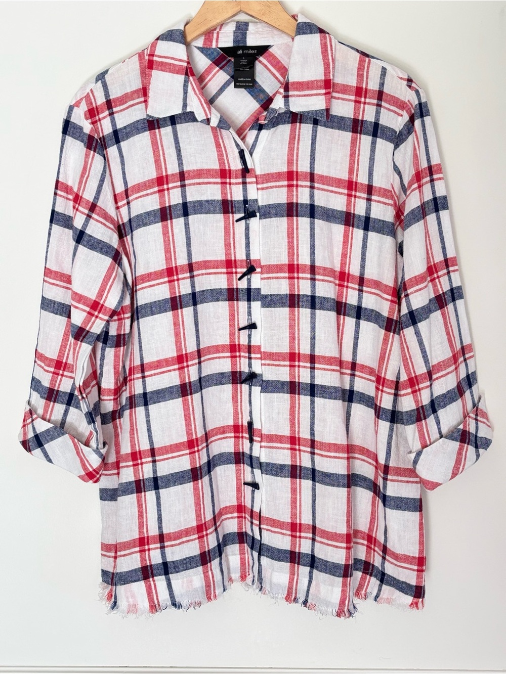 Ali Miles Linen Blend Plaid 3/4 Sleeves Button Shirt Size Large Coastal c87